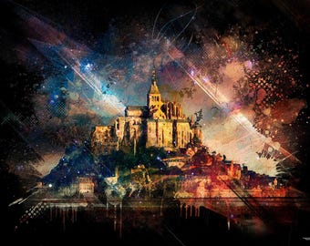 Dipinto di Mont Saint-Michel, stampa digitale ad acquerello su tela, arredamento per la casa, souvenir di viaggio, visita culturale