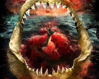 Plakat "Szczęki" - Plakat grozy - Kultowa wersja dekoracyjna filmu "Rekin", chlapana ilustracja! - Idealny prezent dla fanów kina