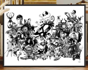Poster montage of 62 films, digital watercolor painting, canvas print, home decor, ideal gift for film and pop culture fans