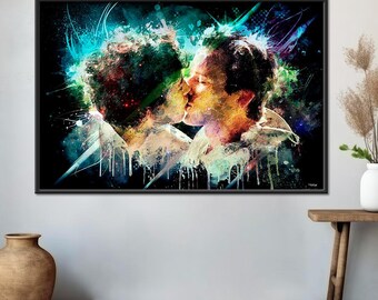 Painting of Timothée Chalamet and Armie Hammer in Call Me by Your Name, Digital painting printed on canvas, Famous movie kisses