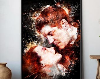 A portrait of Jean Gabin and Michèle Morgan in Quai des brumes, a painting printed on canvas, an iconic kiss from cinema, the perfect Valentine's Day gift