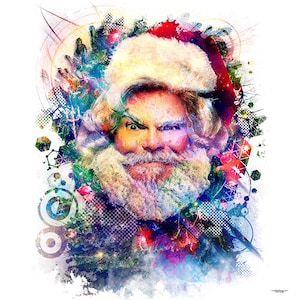 Könnte beinhalten: Ein farbenfrohes digitales Kunstporträt von Santa Claus mit einem intensiven Gesichtsausdruck. Er trägt einen roten Hut mit weißem Fellbesatz und einen langen, weißen Bart. Der Hintergrund zeigt abstrakte Formen und Weihnachtselemente.