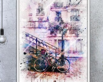 Dipinto di scale di Parigi con bicicletta, dipinto ad acquerello digitale stampato su tela – Decorazione per la casa – Souvenir di viaggio di Parigi