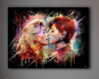 Belle de Jour painting, Catherine Deneuve, Geneviève Page, printed on canvas, famous movie kisses, ideal Valentine's Day gift