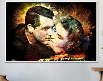 Cary Grant and Ingrid Bergman painting from Notorious, digital print on canvas, iconic movie kiss, ideal Valentine's Day gift