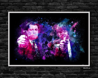 John Travolta and Samuel L. Jackson painting from the film Pulp Fiction. Digital watercolor print on canvas. Interior decor. Pop culture.