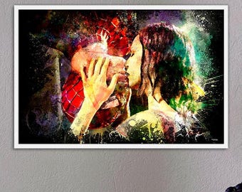 Canvas print of Tobey Maguire and Kirsten Dunst in Spider-Man, iconic movie kiss, perfect Valentine's Day gift