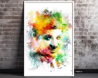 Charlie Chaplin painting, Little Tramp – Digital watercolor print on canvas – Home decor – Ideal gift for movie fans