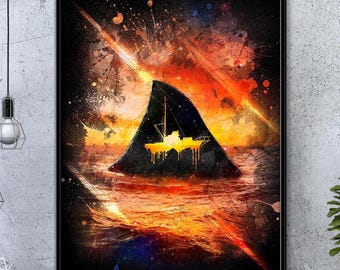 Plakat „Szczęki” – Plakat grozy – Kultowa wersja dekoracji filmowej z rekinem – Ilustracja autorstwa Splashed Creations