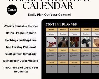 Puede incluir: Una pantalla de computadora portátil que muestra un planificador de contenido con un planificador reutilizable semanal, creación de contenido por lotes, hashtags y leyendas, uso para cualquier plataforma, elaborado con simplicidad, completamente personalizable, planificar, publicar y hacer crecer tus cuentas. El planificador está dividido en días de la semana, con secciones para tipología, leyenda y hashtags.