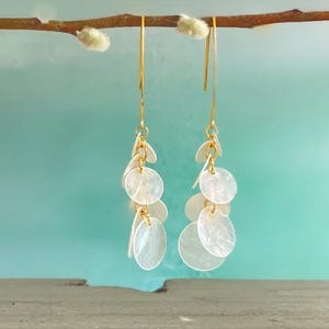 Capiz Shell Dangle Earrings, Lightweight Gold Drop Earrings, Coastal Chic Jewelry