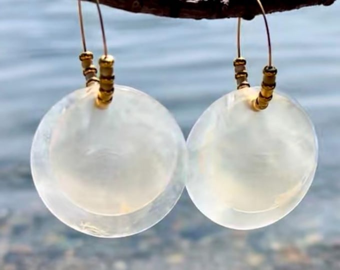Double circle statement earrings on gold hoops with mother of pearl and gold beads