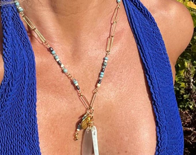 Charm Pendant Necklace: Gold Chain with Mixed Blue Beads, Gemstones, Pearls