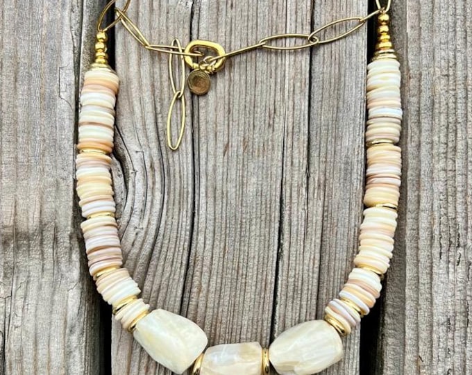 Chunky Moonstone Choker Necklace: Shell Discs & Gold - Handmade