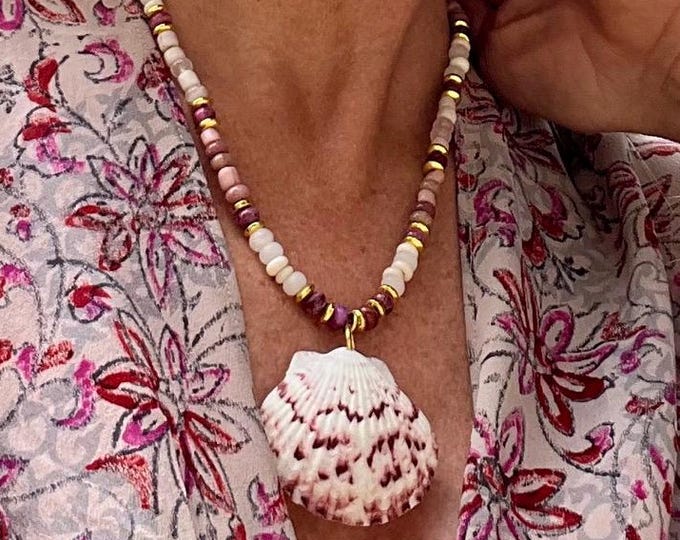 Calico Scallop Shell Pendant Necklace: Gemstone Beaded, Handmade Tropical Jewelry