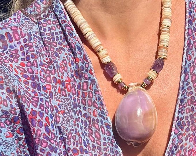Amethyst & Purple Cowrie Shell Necklace: Adjustable, Statement Jewelry, gift for her
