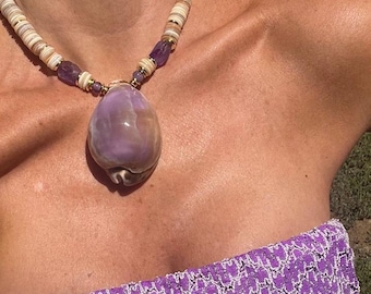 Amethyst & Purple Cowrie Shell Necklace: Adjustable, Statement Jewelry