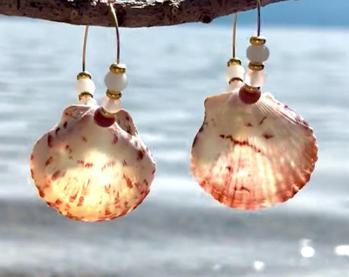 Gold Hoop Earrings: Pink Shells, Rhodonite & Rose Quartz - Coastal Jewelry