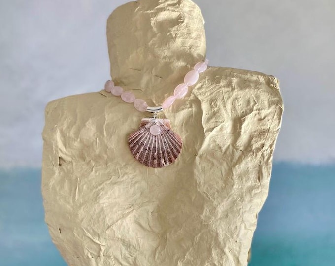 Featured listing image: Large Pink Scallop Shell Pendant on Rose Quartz Choker Necklace, Handmade, One of a Kind
