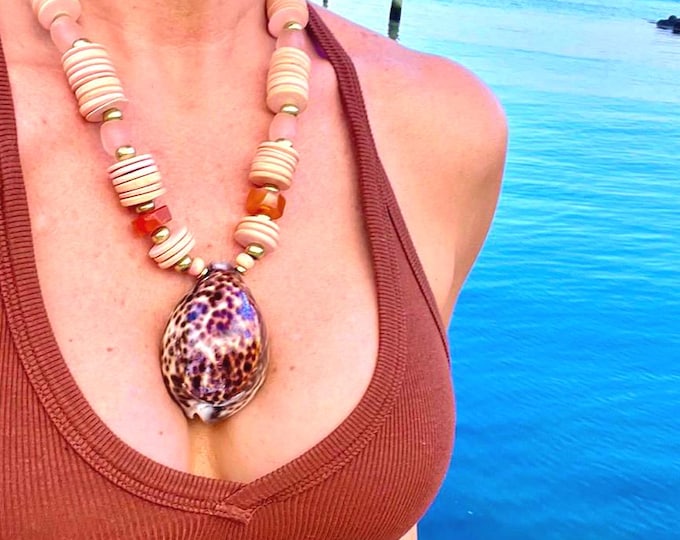 Giant Cowrie Shell Pendant Necklace: Beaded Carnelian, Sea Glass & Coconut