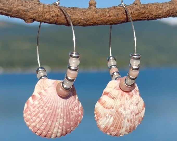 small silver hoop earrings with gemstones and  shells, tropical, coastal, beach earrings,