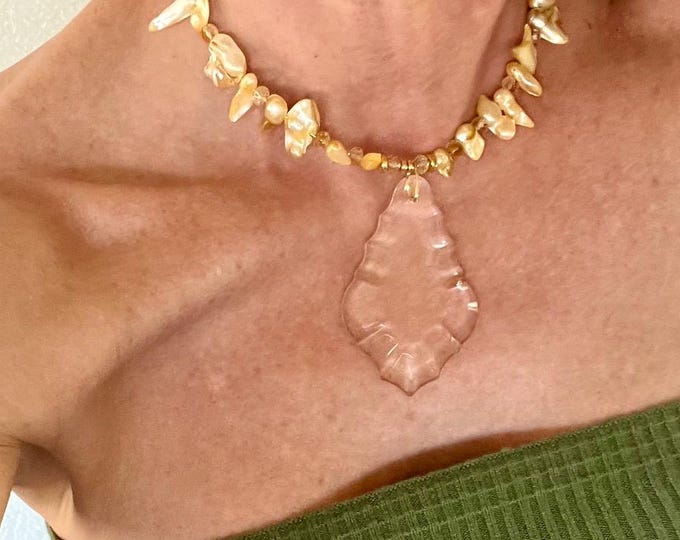 Handmade Golden Pearl Choker, Antique Crystal Pendant, One of a Kind