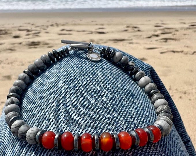 Men's Beaded Bracelet: Carnelian, Agate & Hematite, One of a kind