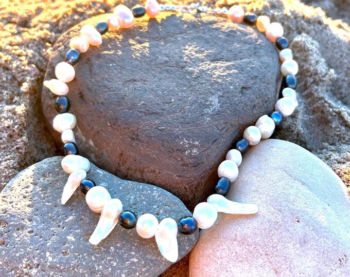 Biwa Pearl Choker Necklace with Peacock Freshwater Pearls, Handmade