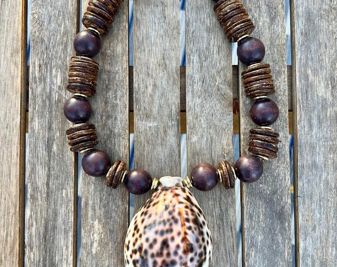 Large Cowrie Shell Pendant Necklace: Coconut Wood Beads, Adjustable Length