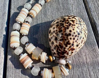 Handmade Cowrie Shell Statement Necklace: Sea Glass, Gemstone & Silver Beads