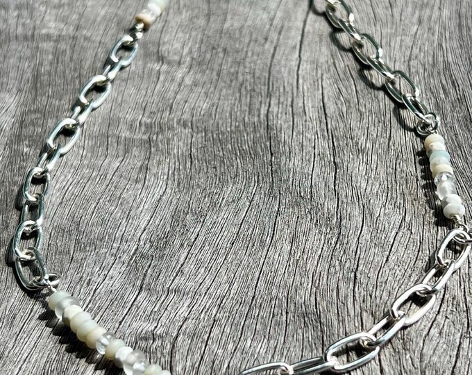 Handmade Gemstone Bead Necklace: Long Silver Chain, Amazonite Quartz