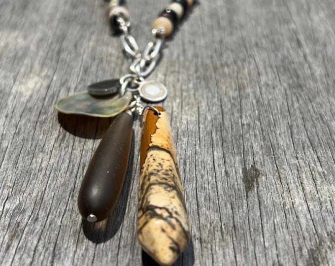 Gemstone Beaded Chain and Charm Pendant Necklace: Dalmatian Jasper, Shell, Silver Plated