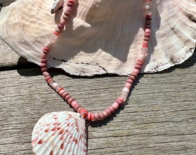 Pale Pink Beaded Choker Necklace: Scallop Shell Pendant, Rhodonite & Rose Quartz, OOAK