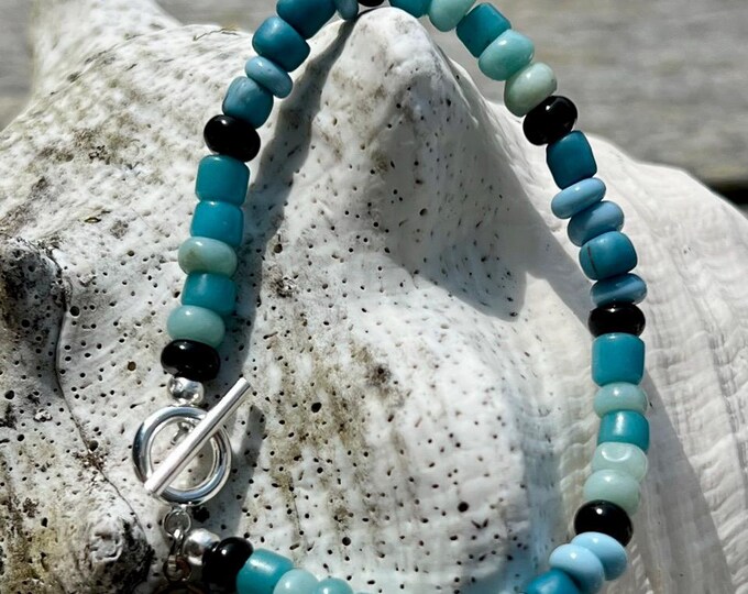 Turquoise Gemstone Beaded Bracelet: Amazonite, Onyx & Vintage Glass, OOAK