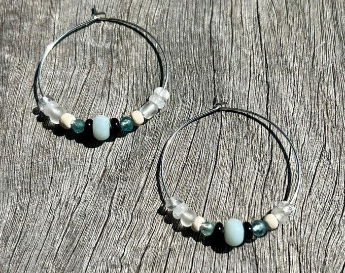 Gemstone Beaded Hoop Earrings: Amazonite, Onyx & Silver Plated