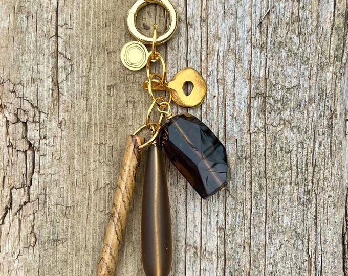Smoky Quartz Statement Pendant: Gold Plated & Mixed Charms, Bag Charm