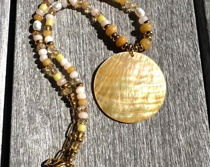 Beaded Mother of Pearl Pendant Necklace: Citrine, Jade, Pearl, Gold Plated