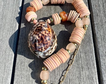 Giant Cowrie Shell Pendant Necklace: Beaded Carnelian, Sea Glass & Coconut