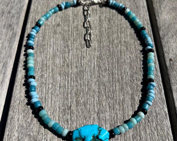 Turquoise Nugget Choker Necklace: Onyx, Amazonite & Vintage Glass, One of a Kind