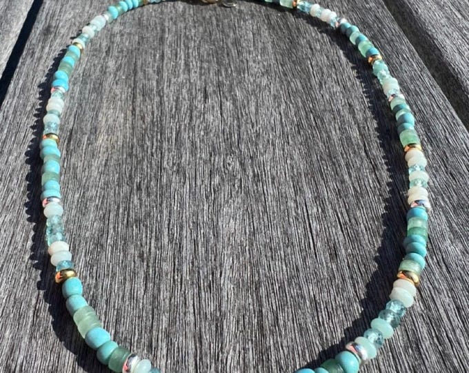 Aqua Beaded Choker Necklace: Gemstone & Mixed Metal Accent, Handmade, One of a Kind