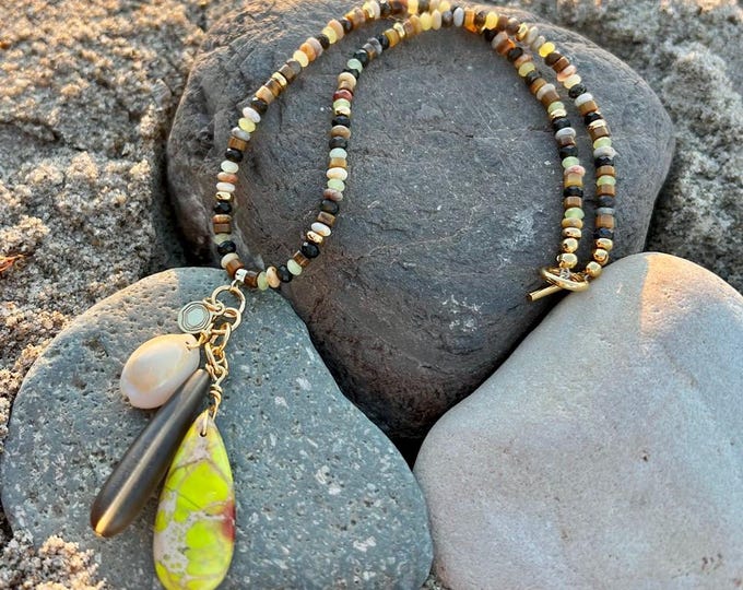 Tiny gemstones beaded choker with charm pendant, one of a kind