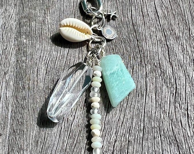 Quartz & Amazonite Charm Pendant: Silver Plated, Beaded Accents, Handmade, OOAK
