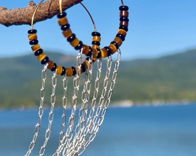 Mixed metal dangle earrings, silver & gold fringe hoops with black and brown gemstones
