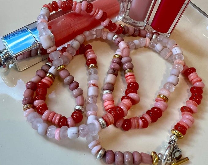 Pink Gemstone Beaded Necklace: Shell, Rose Quartz, Mixed Metal Silver & Gold