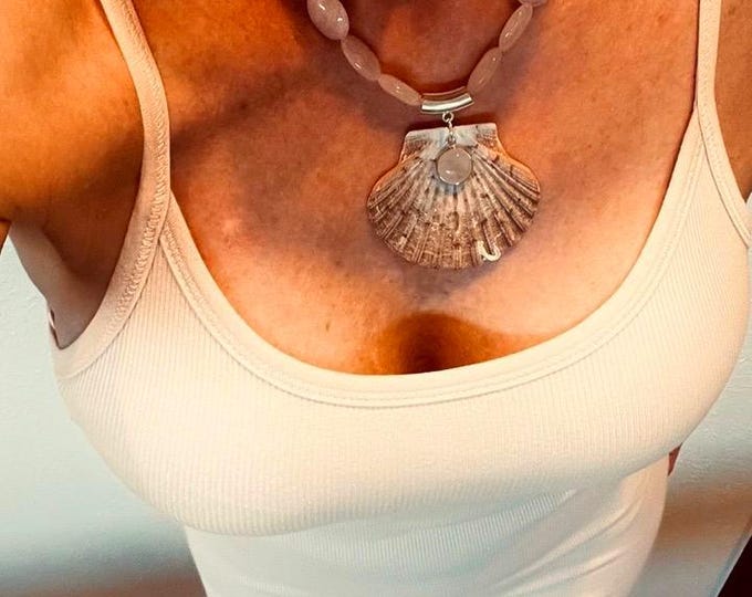Featured listing image: Large Pink Scallop Shell Pendant on Rose Quartz Choker Necklace, Handmade, One of a Kind