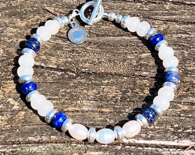 Unique blue and white gemstone beaded bracelet with pearls, handmade