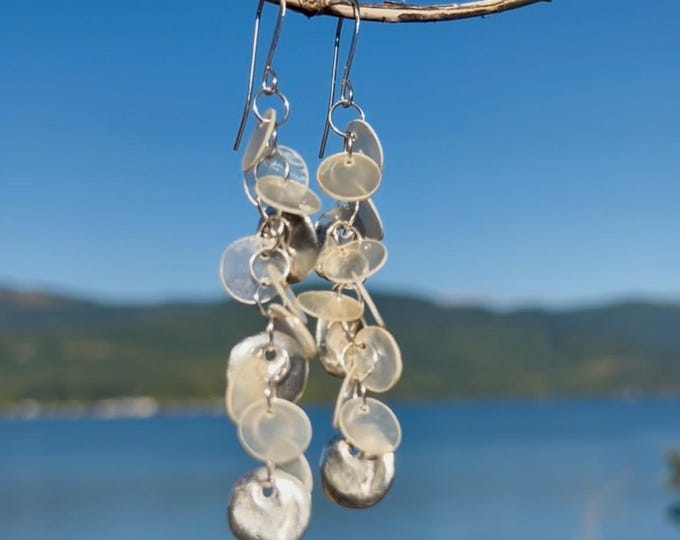 Silver and shell long dangle drop earrings, lightweight, glamorous statement earrings