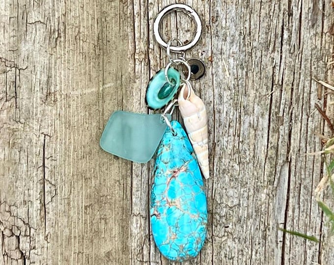 Gemstone & Shell Charm Pendant: Aqua Blue Handmade Necklace or Bag Accessory