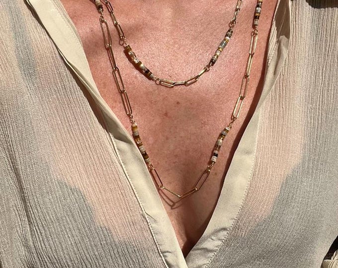 Gemstone Beaded Paperclip Chain Necklace: Gold Plated, Handmade