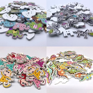 May include: A selection of wooden buttons in diverse shapes and designs. The buttons showcase animal forms such as elephants, zebras, monkeys, and dinosaurs, with vibrant patterns and accents. Some buttons are plain white with heart shapes.
